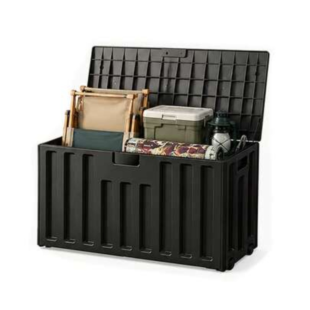 Sports Equipment Outdoor Storage - กล่องเก็บของกลางแจ้งความจุขนาดใหญ่ ลายไม้สีดำ วัสดุเรซิน กันน้ำ ทนรังสียูวี เหมาะสำหรับเก็บเบาะรองนั่งในลาน
