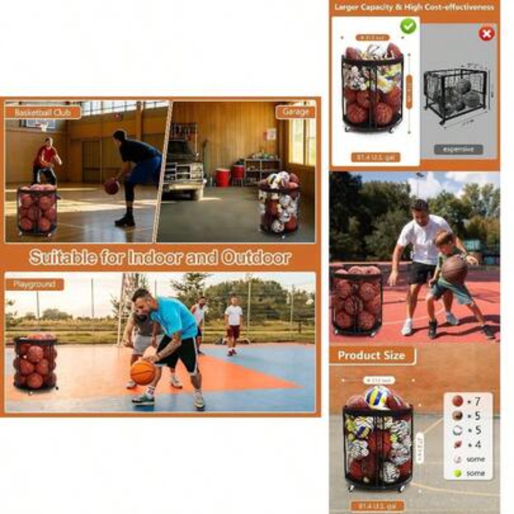 Sports Equipment Outdoor Storage - รถเข็นเก็บลูกบอลแบบแข็งแรงสำหรับฟุตบอล บาสเก็ตบอล วอลเลย์บอล ฟุตบอลอเมริกัน, ชั้นวางลูกบอลแบบมีล้อสำหรับโรงรถ ยิม