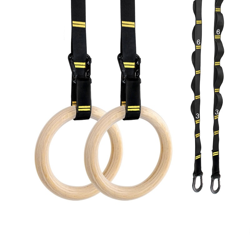 Sports Equipment Images - ห่วงยิมนาสติกแบบดึงขึ้นขนาด 28 มม. 32 มม. ห่วงไม้กันลื่นพร้อมสายรัดปรับได้สำหรับออกกำลังกายที่บ้าน