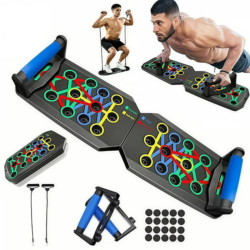 Sports Equipment Images - บอร์ดวิดพื้นแบบพับได้พร้อมสายยางยืด, บาร์วิดพื้นอเนกประสงค์, อุปกรณ์ออกกำลังกายแบบพกพาสำหรับใช้ในบ้าน, ระบบฝึกกล้ามเนื้อหน้าอก หลัง ไหล่